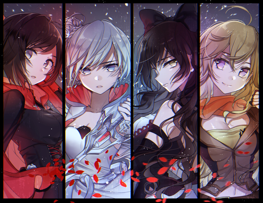 ahoge black_hair blake_belladonna blonde_hair blue_eyes breasts cape cleavage commentary_request corset detached_sleeves earrings gradient_hair hair_ribbon highres jacket jewelry long_hair looking_at_viewer multicolored_hair multiple_girls petals purple_eyes rapier ribbon ruby_rose rwby scarf short_hair side_ponytail silver_eyes smile sword weapon weiss_schnee white_hair yang_xiao_long yellow_eyes yukiko_(tesseract)