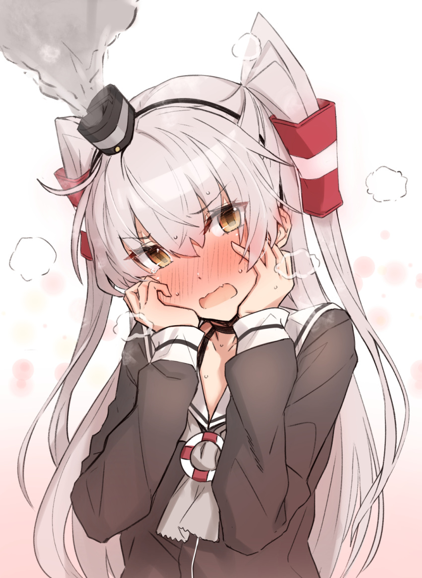 amatsukaze_(kantai_collection) black_choker black_hairband blush brown_eyes brown_shirt choker commentary_request downscaled embarrassed eyebrows_visible_through_hair full-face_blush gradient gradient_background grey_hair grey_neckwear hair_tubes hairband hands_on_own_cheeks hands_on_own_face hands_up head_tilt highres kantai_collection long_hair long_sleeves neckerchief resized revision sarong school_uniform serafuku shirt smoke smokestack solo straight_hair sweat takanashi_kei_(hitsujikan) tears two_side_up v-shaped_eyebrows very_long_hair white_background white_sarong