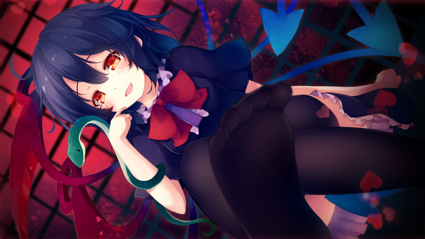 asymmetrical_wings bangs black_dress black_hair black_legwear blue_wings blush bow bowtie center_frills commentary_request dress dutch_angle feet feet_out_of_frame gengetsu_chihiro hair_between_eyes hand_up heart highres houjuu_nue looking_at_viewer open_mouth petticoat red_bow red_eyes red_neckwear red_wings short_hair short_sleeves sitting smile snake soles solo thighhighs touhou wings