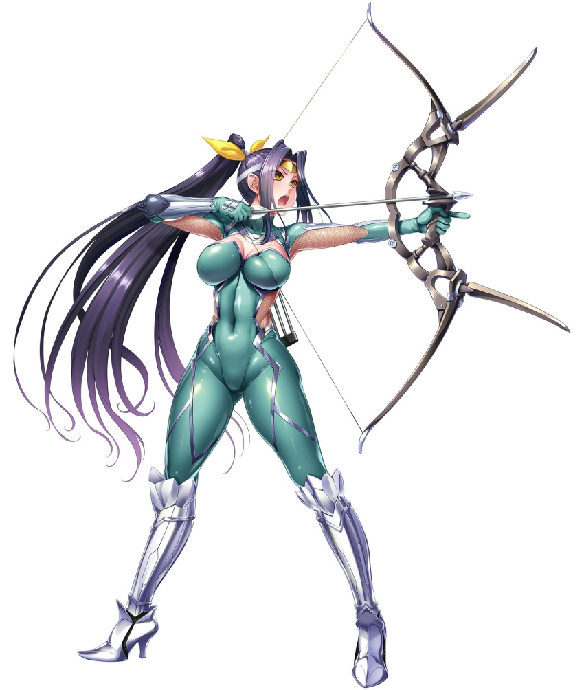 armor arrow bodysuit boots bow breast_press breasts curvy female full_body holding holding_weapon large_breasts lilith-soft long_hair open_mouth ponytail shiny shiny_clothes shiny_hair simple_background solo standing taimanin_(series) taimanin_asagi taimanin_rpgx thighhighs thighs very_long_hair weapon white_background wide_hips yellow_eyes yubashiri_ibuki zol