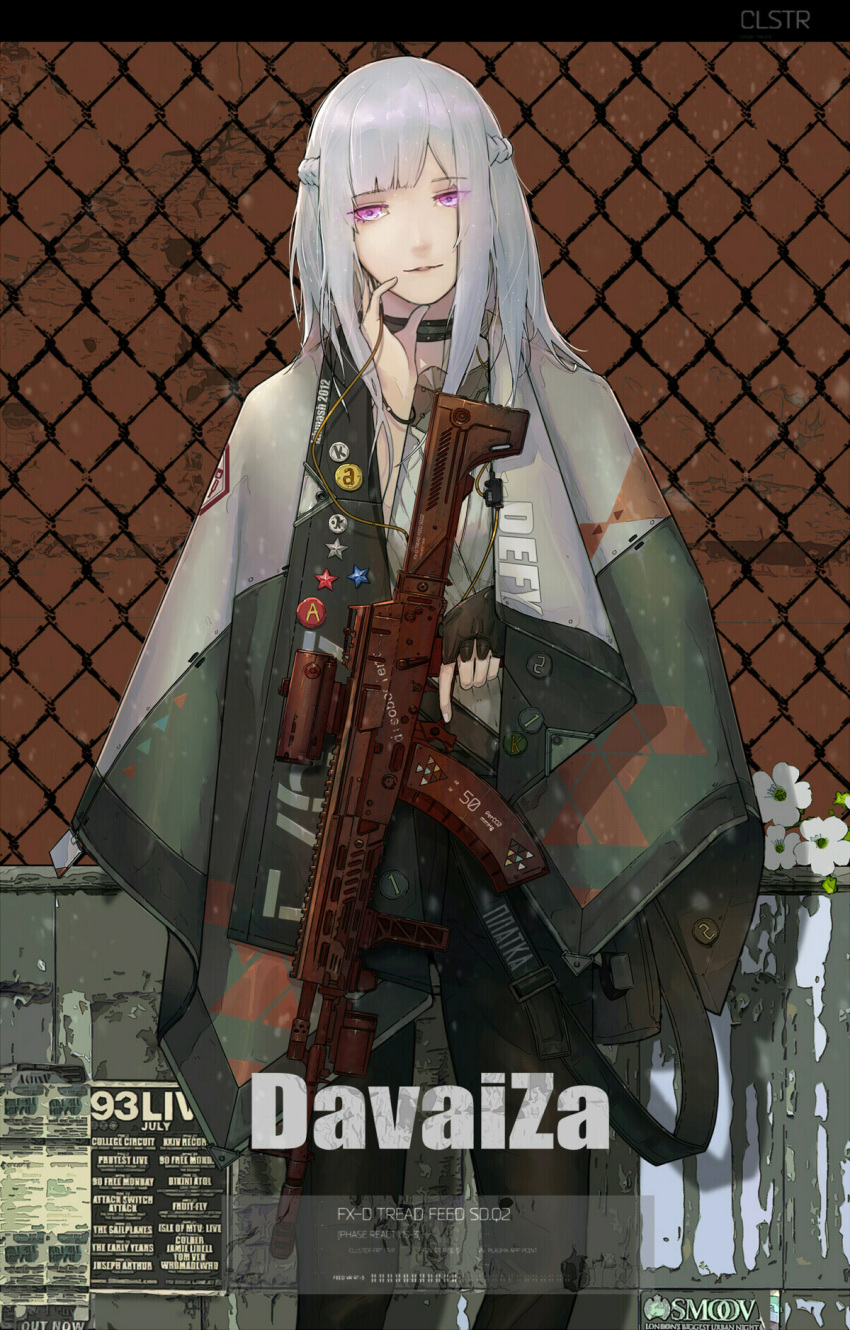 ak-12 ak-12_(girls_frontline) artist_name badge bangs blunt_bangs bracelet braid chain-link_fence choker cloak clothes_writing czcz12321 fence fingerless_gloves french_braid girls_frontline gloves grey_hair gun hand_on_own_cheek hand_on_own_chin head_tilt highres jewelry light_smile long_hair looking_to_the_side magazine_(weapon) military military_uniform parted_lips poster_(object) purple_eyes scope sidelocks silver_hair single_glove solo standing star uniform weapon