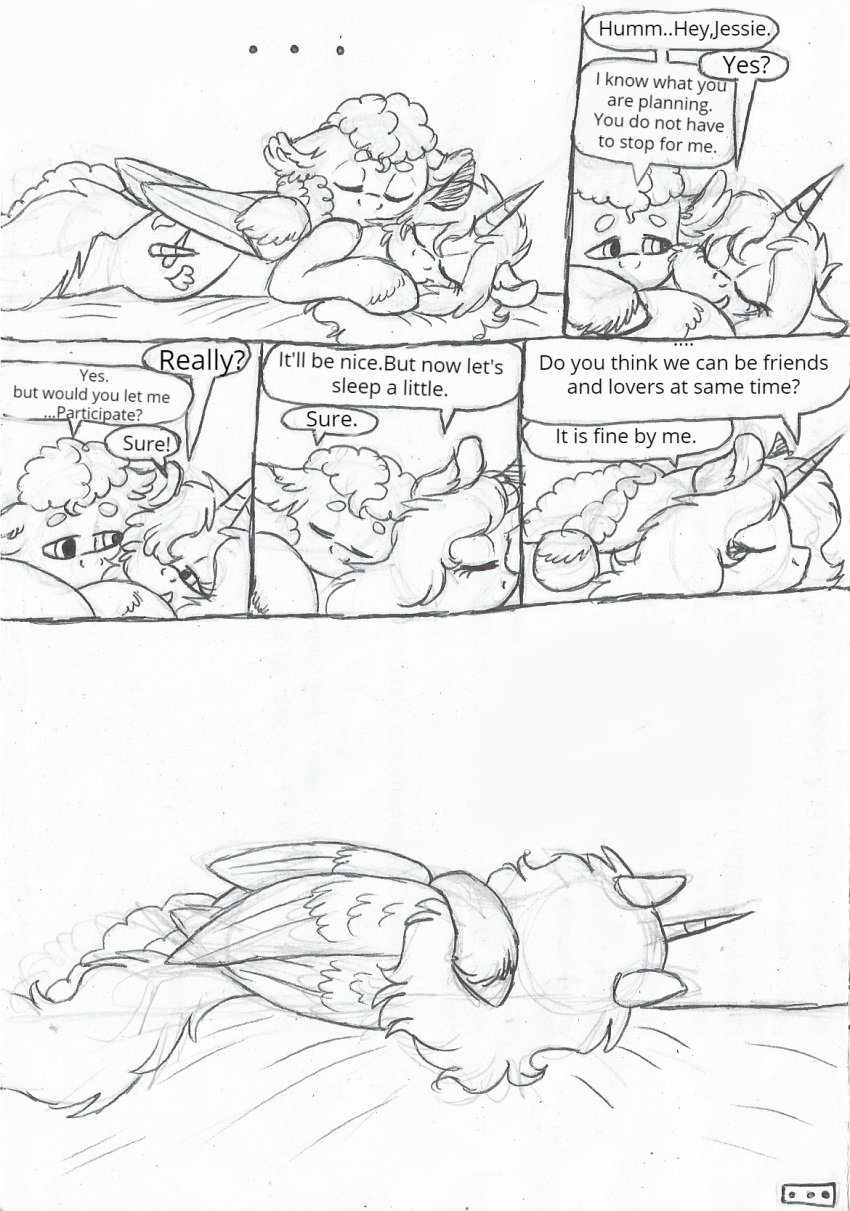 69bea black_and_white comic dialogue english_text equine fan_character female feral fluffy friendship_is_magic hug jessie luke_(69bea) male mammal monochrome my_little_pony text
