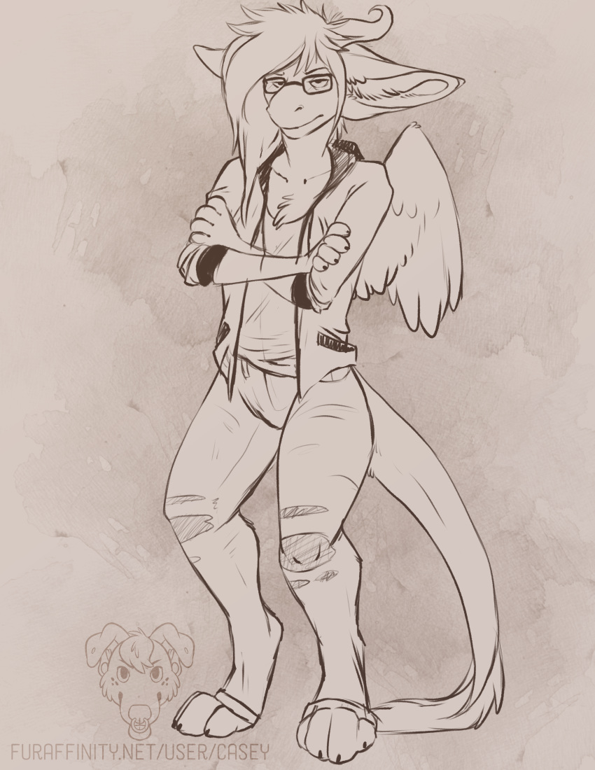 angel_dragon anthro barefoot biped casey_(artist) clothed clothing crossed_arms dragon eyewear feathers fully_clothed fur glasses hair horn male monochrome pants shirt signature simple_background solo source_request standing torn_clothing twixxel_minty url wings