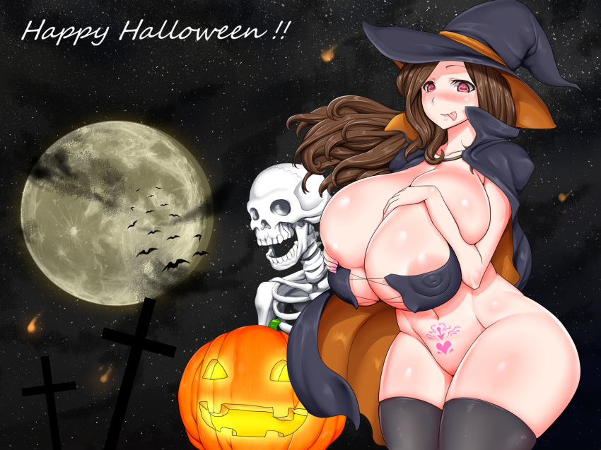 1girl areola_slip areolae bare_shoulders bottomless breasts cleavage collarbone halloween hat highres hips huge_breasts legs long_hair no_panties paradise_lost pumpkin shiny shiny_skin skeleton smile solo_focus tongue tongue_out wide_hips witch_hat womb_tattoo