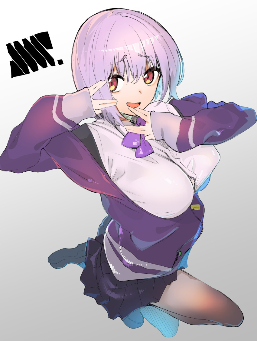 akagi_asahito bangs breasts commentary_request highres jacket large_breasts lavender_hair looking_at_viewer off_shoulder pantyhose purple_jacket school_uniform shinjou_akane shirt short_hair smile ssss.gridman white_shirt