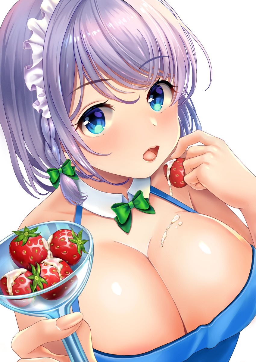 absurdres bangs bare_shoulders blue_eyes bow bowtie braid breasts cleavage collarbone commentary_request cream cream_on_body detached_collar eyebrows_visible_through_hair eyelashes fingernails food fruit green_bow green_neckwear hair_between_eyes hair_bow halter_top halterneck highres holding izayoi_sakuya large_breasts long_fingernails looking_at_viewer maid_headdress medium_hair open_mouth pink_lips shiny shiny_skin short_hair side_braid sidelocks silver_hair simple_background solo standing strapless strawberry tongue touhou uemura_shun white_background