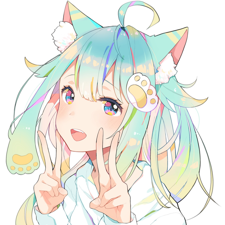 :d ahoge animal_ear_fluff animal_ears aqua_hair bangs blush cat_ears double_v eyebrows_visible_through_hair fang fingernails hair_between_eyes hands_up highres hood hood_down hooded_jacket jacket long_hair looking_at_viewer mao_ge open_mouth original paw_hair_ornament simple_background smile solo upper_body v white_background white_jacket