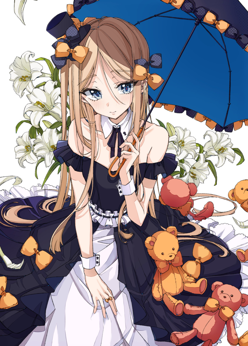abigail_williams_(fate/grand_order) absurdres bare_shoulders blonde_hair blue_eyes commentary_request detached_collar dress fate/grand_order fate_(series) flower frilled_dress frills hat highres lily_(flower) long_hair looking_at_viewer mini_hat mini_top_hat osanai parasol stuffed_animal stuffed_toy teddy_bear top_hat umbrella wrist_cuffs