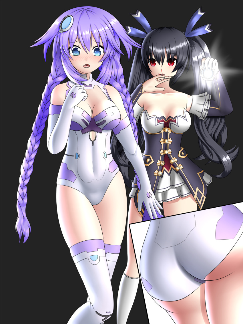 :d :o ass bangs black_hair blood blue_eyes blush braid breasts choujigen_game_neptune cleavage cleavage_cutout commentary cosplay covered_nipples english_commentary gloves hair_ornament highres large_breasts leotard long_hair multiple_girls nepgear nepgear_(cosplay) neptune_(choujigen_game_neptune) neptune_(series) noire nosebleed open_mouth power_symbol purple_hair purple_heart purple_sister purple_sister_(cosplay) red_eyes ribbon skirt smile symbol-shaped_pupils thighhighs twin_braids twintails twistedscarlett60 very_long_hair white_gloves white_legwear