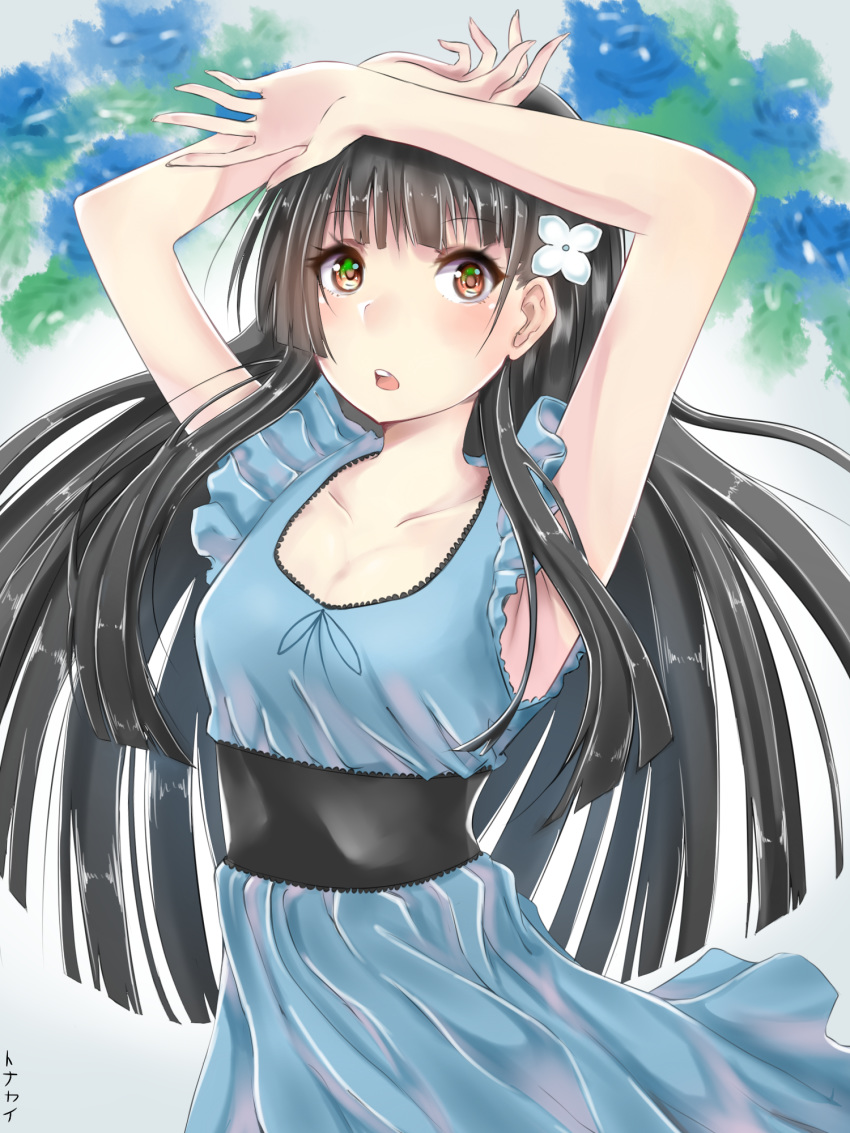 :d armpits arms_up bangs black_hair blue_dress blue_flower blunt_bangs breasts brown_eyes cleavage collarbone dress floating_hair flower hair_flower hair_ornament highres long_hair medium_breasts neck_ribbon open_mouth ribbon sanka_rea sankarea shiny shiny_hair sleeveless sleeveless_dress smile solo standing tonakai_takagi very_long_hair white_flower