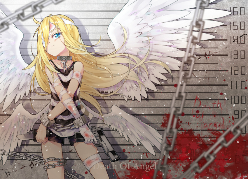 angel_wings bandage_over_one_eye bandaged_arm bandages blonde_hair blood blood_splatter blue_eyes chain collar commentary_request contrapposto cracked_wall crossed_arms cuffs english eyebrows_visible_through_hair finger_on_trigger ginklaga gun handgun head_tilt knife looking_at_viewer m1911 multiple_wings prison_clothes rachel_gardner restrained satsuriku_no_tenshi shackles shorts tank_top weapon weapon_request wings