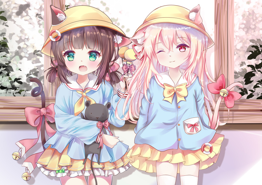 2girls animal_ears anthropomorphism azur_lane bell bow brown_hair candy catgirl doll fang green_eyes hat kisaragi_(azur_lane) loli lollipop long_hair mutang mutsuki_(azur_lane) pink_eyes pink_hair seifuku short_hair skirt tail twintails wink