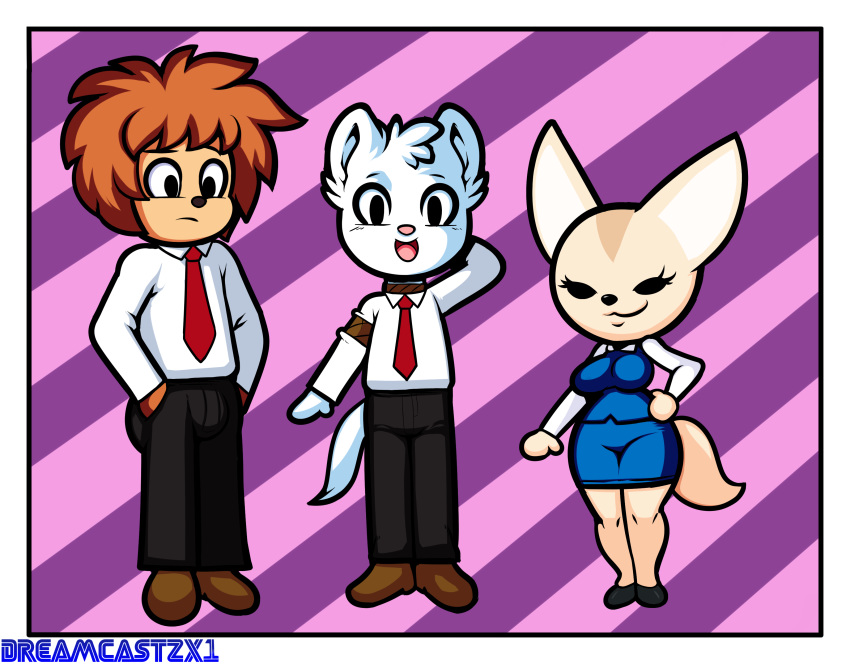 absurd_res aggressive_retsuko andrew_(dreamcastzx1) anthro breasts bulge canine clothed clothing dreamcastzx1 female fennec fenneko ferret fox group hi_res looking_at_viewer male mammal mustelid signature smile