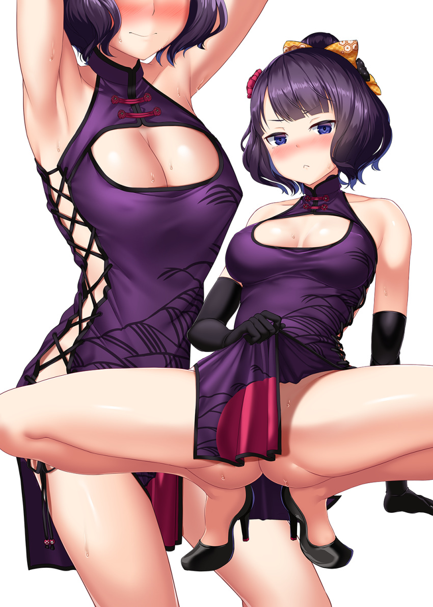 armpits arms_up ass bangs bare_shoulders black_footwear black_gloves blue_eyes blush bow breasts china_dress chinese_clothes cleavage cleavage_cutout closed_mouth clothes_lift collarbone commentary_request cross-laced_clothes dress elbow_gloves fate/grand_order fate_(series) flower gloves hair_bow hair_bun hair_flower hair_ornament high_heels highres hitotsuki_nebura katsushika_hokusai_(fate/grand_order) large_breasts leaning_back legs looking_at_viewer multiple_views pelvic_curtain purple_hair short_hair side_slit simple_background spread_legs squatting sweat swept_bangs thighs white_background yellow_bow