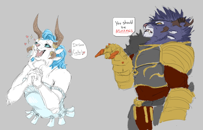 &lt;3 2016 anthro armor blue_eyes blue_hair charr clothed clothing dagos dialogue digital_media_(artwork) disgusted dress duo english_text feline female fur grey_background guild_wars hair hi_res horn horn_ring jewelry mammal multi_ear open_mouth pointing simple_background sketch speech_bubble syrax text video_games white_fur