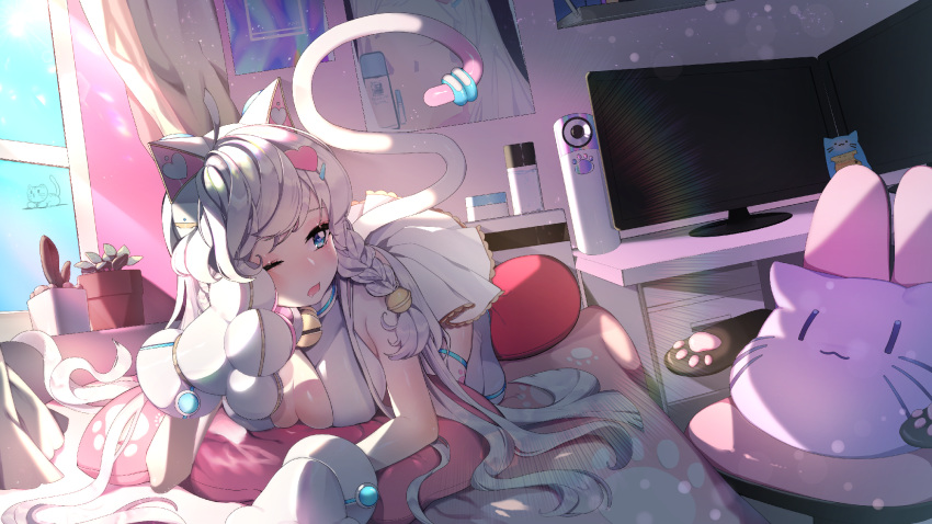 ;o all_fours animal_ears bell blue_eyes braid breasts cat cat_ears cat_pillow cat_tail computer curtains dutch_angle gloves hair_ornament heart heart_hair_ornament highres indoors iron_saga jingle_bell large_breasts meruru_(iron_saga) monitor one_eye_closed paw_gloves paws pillow pink_pillow plant poster_(object) potted_plant rimsuk solo sunlight tail white_hair window