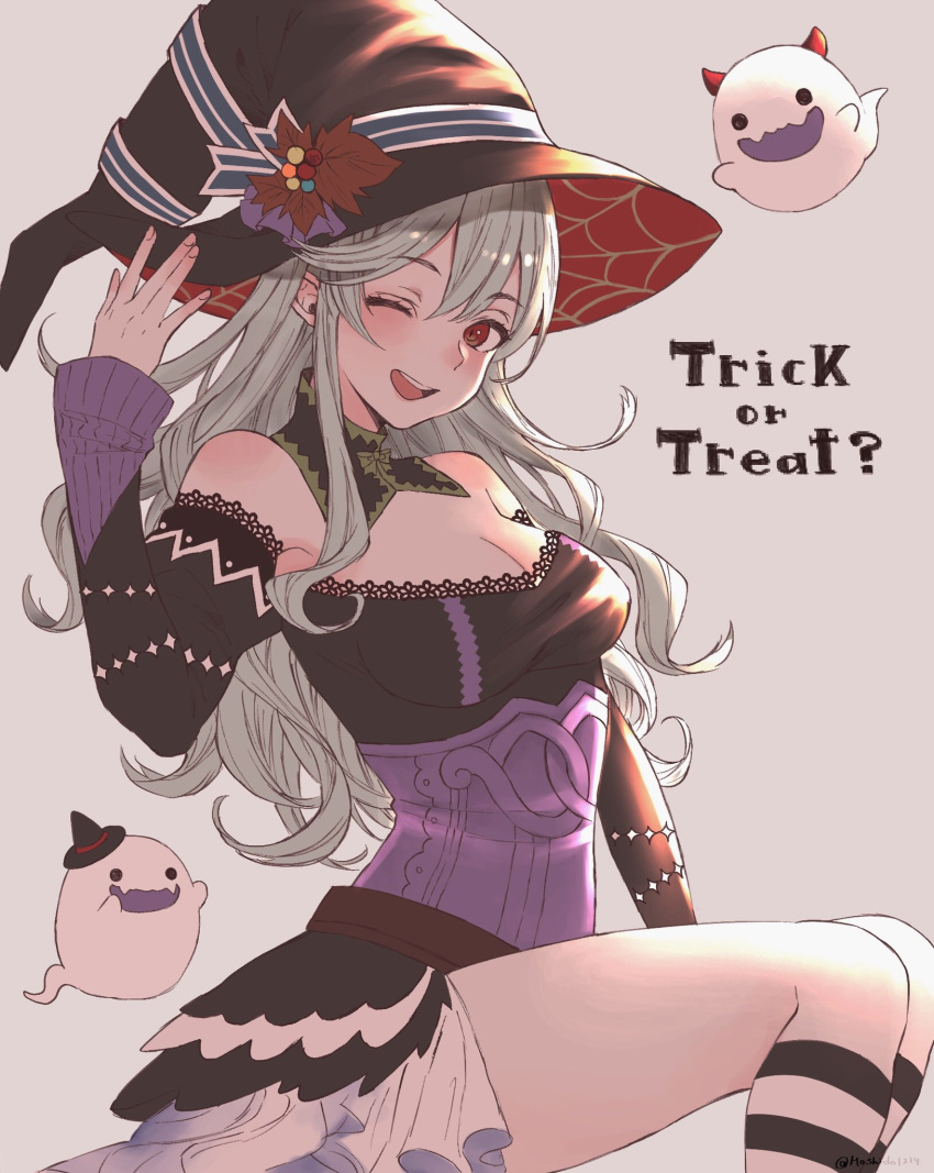 breasts cleavage commentary_request detached_collar female_my_unit_(fire_emblem_if) fire_emblem fire_emblem_heroes fire_emblem_if ghost grey_background halloween_costume hat highres hoshido1214 long_hair long_sleeves medium_breasts my_unit_(fire_emblem_if) one_eye_closed open_mouth red_eyes simple_background solo trick_or_treat white_hair witch_hat