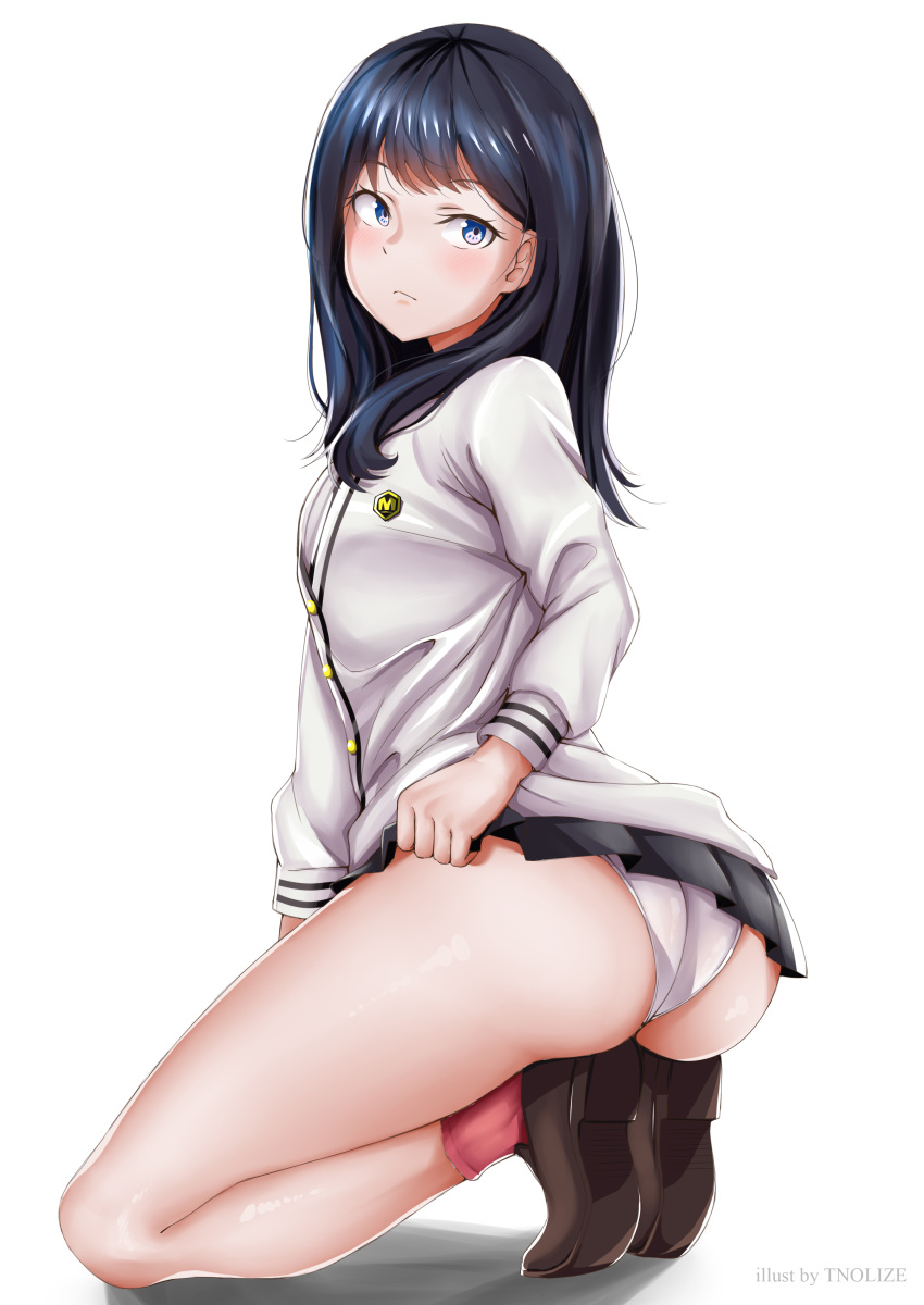 1girl artist_name ass black_hair black_skirt blue_eyes blush cardigan closed_mouth female full_body highres kneeling long_hair long_sleeves looking_at_viewer looking_to_the_side open_mouth panties pantyshot pantyshot_(kneeling) pleated_skirt school_uniform shiny shiny_skin shoe_soles shoes simple_background skirt socks solo ssss.gridman takarada_rikka thighs tnolize underwear watermark white_background white_panties