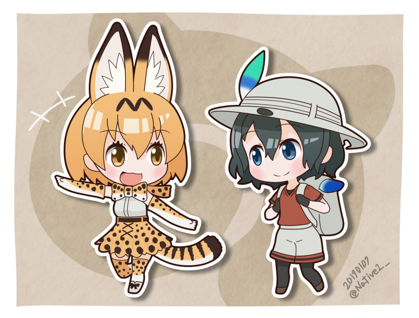 +++ 2girls :d animal_ears artist_name backpack bag bangs belt black_legwear black_stripes black_undershirt blonde_hair blue_eyes blue_hair bow bowtie brown_footwear chibi commentary_request dated elbow_gloves extra_ears gloves hat_feather helmet highres japari_symbol kaban_(kemono_friends) kemono_friends lucky_beast_(kemono_friends) multiple_girls native no_nose open_mouth outline pantyhose pith_helmet pointing red_shirt serval_(kemono_friends) serval_ears serval_print serval_tail shirt short_hair short_sleeves shorts skirt sleeveless sleeveless_shirt smile striped striped_shirt striped_shorts tail thighhighs white_backpack white_footwear white_outline white_shirt white_shorts yellow_eyes zettai_ryouiki