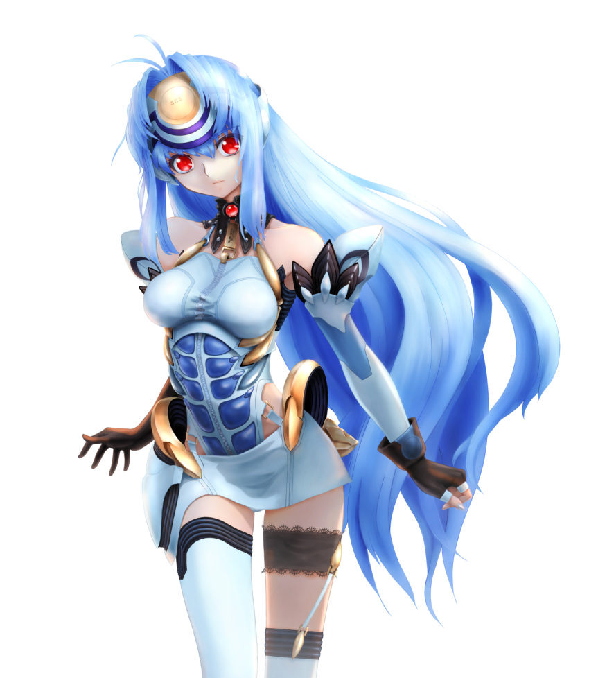 android blue_hair breasts commentary_request cyborg erufa_(pixiv) forehead_protector gloves highres kos-mos long_hair looking_at_viewer red_eyes solo xenosaga