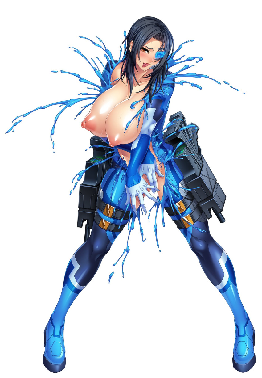 1girl asagiri blue_hair blush bodysuit breasts curvy eo_orion erect_nipples female full_body holding holding_weapon huge_breasts lilith-soft long_hair looking_at_viewer naughty_face no_bra no_panties puffy_nipples scouter shiny shiny_clothes shiny_hair shiny_skin simple_background smile solo sweat taimanin_(series) taimanin_asagi taimanin_rpgx thighhighs thighs tongue tongue_out weapon white_background wide_hips