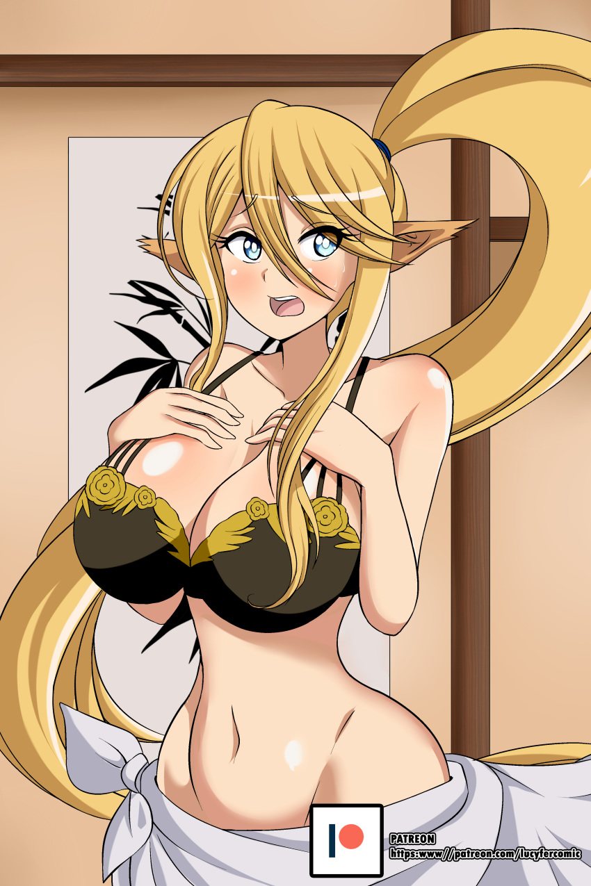 1girl absurdres animal_ears artist_name bangs black_bra blonde_hair blue_eyes blush bra breasts centorea_shianus cleavage collarbone cowboy_shot eyebrows_visible_through_hair female groin hair_between_eyes hair_tie hands_on_own_chest hands_up highres indoors large_breasts long_hair looking_to_the_side monster_musume_no_iru_nichijou navel open_mouth patreon_logo patreon_username pointy_ears ponytail shiny shiny_hair shiny_skin solo standing sweat teeth tied_hair underwear very_long_hair watermark web_address white_sarong zannatemx