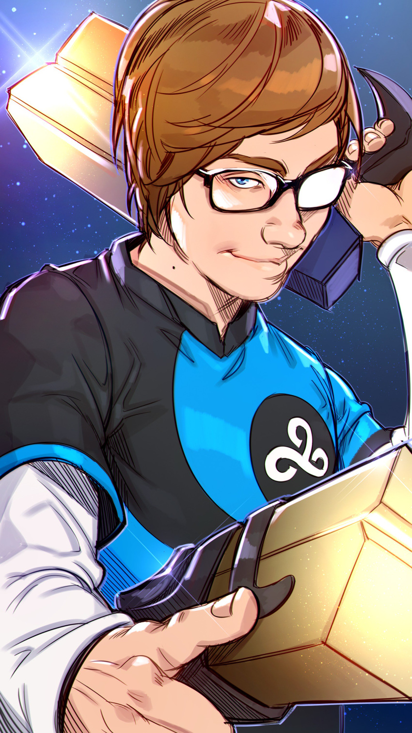 absurdres black-framed_eyewear blue_background blue_eyes brown_hair cloud_9_(team) commentary cosplay dual_wielding glasses glint gun hand_up handgun highres holding holding_gun holding_weapon league_of_legends league_of_legends_world_championship long_sleeves looking_at_viewer lucian_(league_of_legends) lucian_(league_of_legends)_(cosplay) male_focus mole mole_on_neck ohnips pistol short_over_long_sleeves short_sleeves sneaky_(gamer) solo upper_body weapon