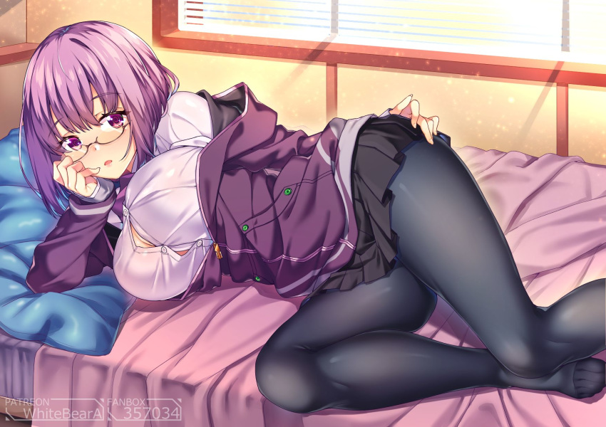 artist_name bangs bedroom black_legwear black_skirt blush breasts bursting_breasts button_gap collared_shirt commentary_request eyebrows_visible_through_hair highres indoors jacket large_breasts lavender_hair long_sleeves looking_at_viewer lying miniskirt on_bed on_side pantyhose pleated_skirt purple_jacket semi-rimless_eyewear shinjou_akane shiny shiny_clothes shirokuma_a shirt short_hair skirt solo ssss.gridman thighs white_shirt window