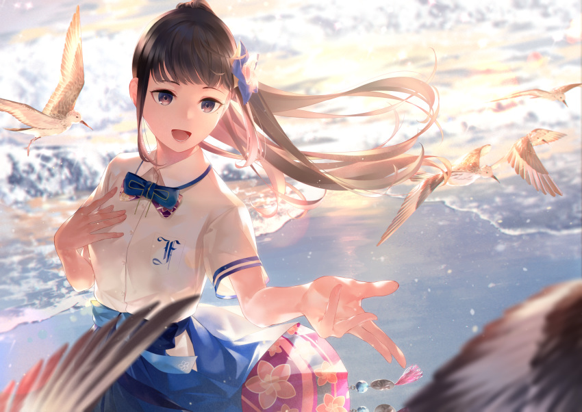 aoi_ch. backlighting bangs beach bird black_hair bow bowtie commentary flower fuji_aoi hair_flower hair_ornament hakama_skirt hand_on_own_chest highres long_hair looking_to_the_side music ocean open_mouth ponytail school_uniform short_sleeves singing smile solo sousou_(sousouworks) upper_body virtual_youtuber water wind