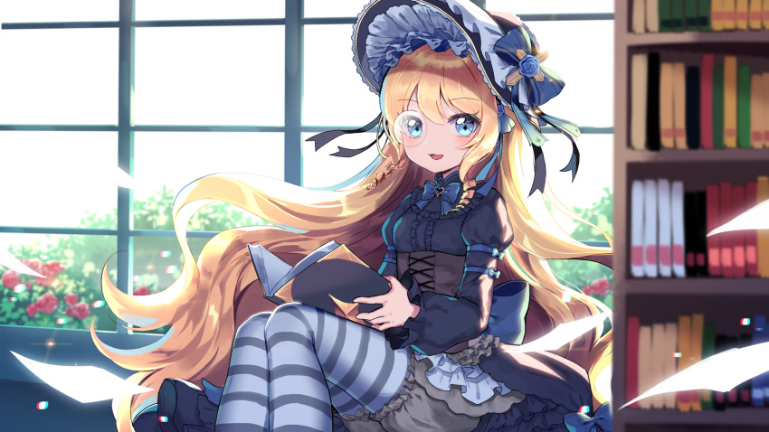:d bangs black_hat blonde_hair bloomers blue_bow blue_dress blue_eyes blue_flower blue_rose blush book bookshelf bow breasts center_frills commentary_request cynthia_(iron_saga) day dress eyebrows_visible_through_hair flower frilled_shirt_collar frills grey_bloomers hair_between_eyes hat hat_bow highres holding holding_book indoors iron_saga juliet_sleeves long_hair long_sleeves looking_at_viewer mechuragi monocle open_book open_mouth pantyhose paper puffy_sleeves rose sitting sleeves_past_wrists small_breasts smile solo striped striped_bow striped_legwear sunlight underbust underwear very_long_hair window