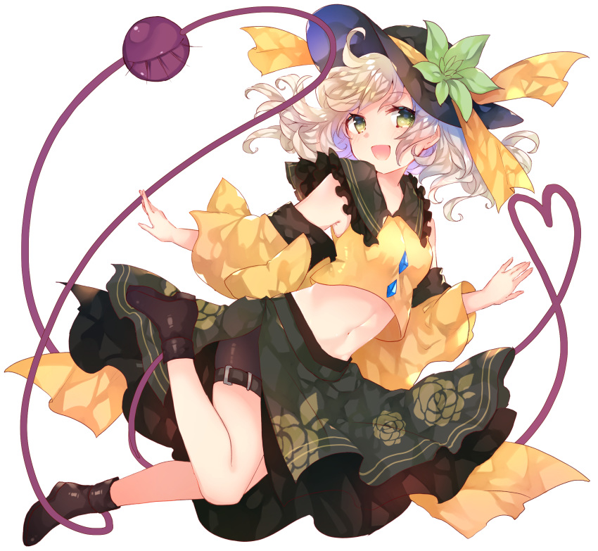 ahoge ankle_boots bangs bare_legs bike_shorts black_footwear black_hat blonde_hair boots buckle detached_sleeves floral_print frilled_shirt_collar frills green_eyes green_skirt hat hat_ornament hat_ribbon heart heart_of_string highres komeiji_koishi leaf long_skirt long_sleeves looking_at_viewer medium_hair midriff navel pelvic_curtain print_skirt ribbon rose_print shirt shorts shorts_under_skirt simple_background skirt solo stomach sweetroad third_eye touhou white_background wings yellow_ribbon yellow_shirt