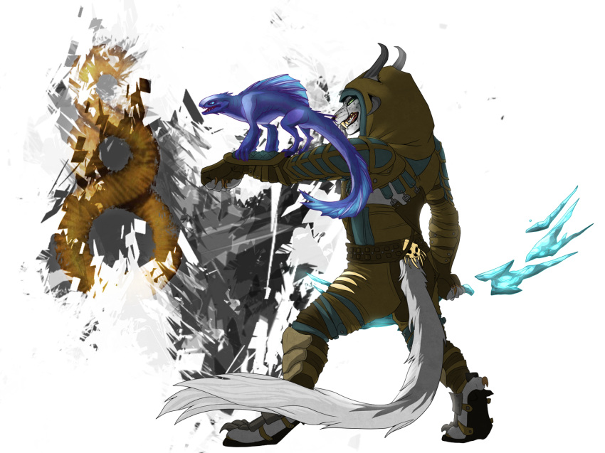 2014 4:3 anthro armor bow charr claws dagos digital_media_(artwork) fangs feline female flat_chested fluffy fluffy_tail fur green_eyes guild_wars hood horn leather leather_armor mammal multi_ear pet simple_background solo video_games white_fur