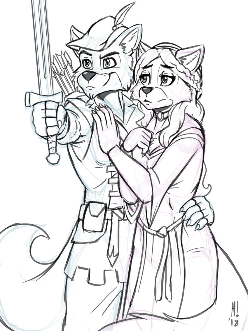 anthro canine clothing disney female fox hand_on_chest heresy_(artist) maid_marian male mammal melee_weapon robin_hood robin_hood_(disney) sketch smile sword weapon