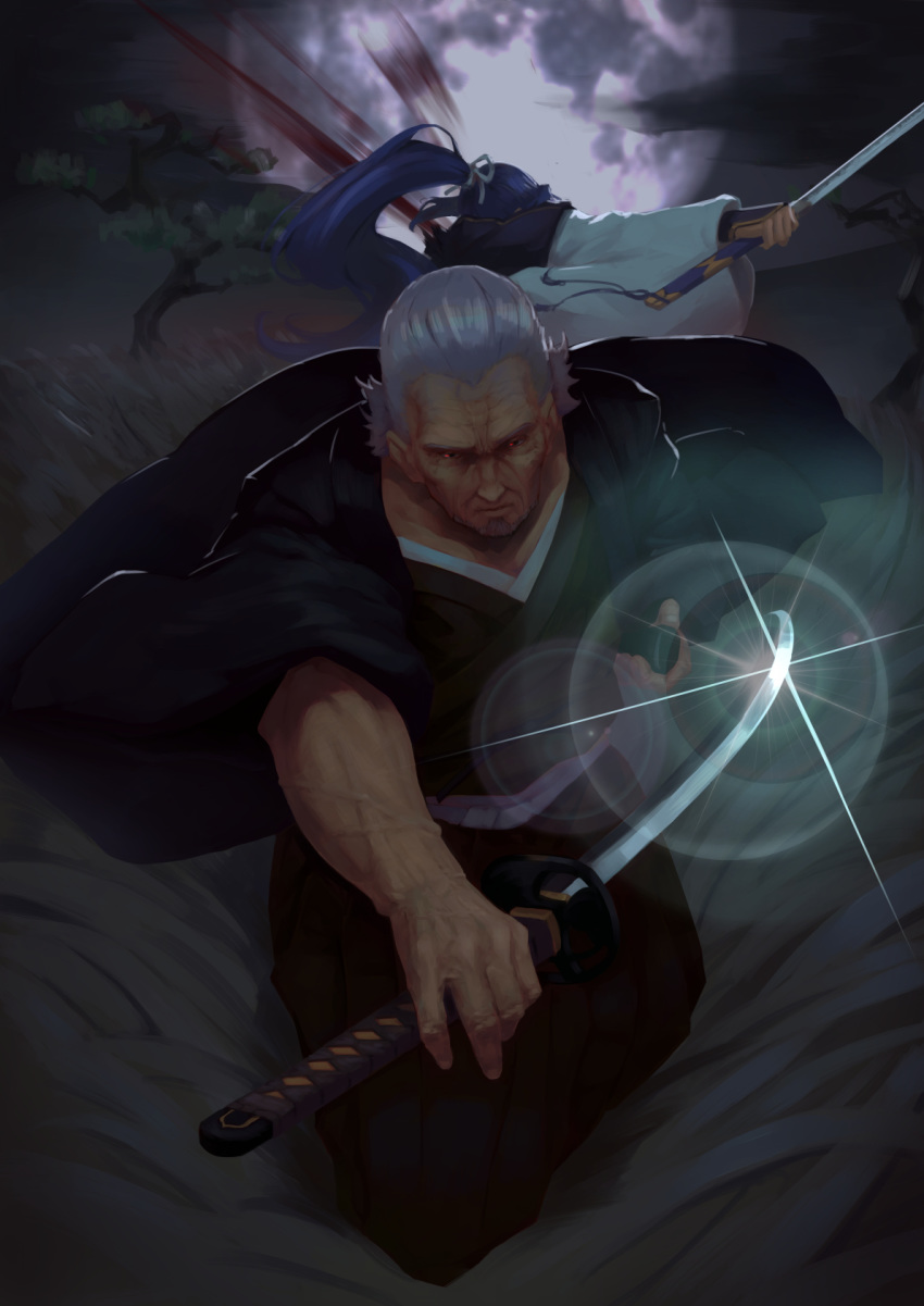 arm_at_side assassin_(fate/stay_night) back-to-back blood blood_splatter blue_hair dark_skin dark_skinned_male duel dying expressionless fate/grand_order fate_(series) field floating_hair full_body full_moon glint glowing glowing_eyes grass highres holding holding_sheath holding_sword holding_weapon japanese_clothes jhc_kai katana lens_flare long_hair manly monohoshizao moon multiple_boys night outstretched_arm ponytail red_eyes ribbon sheath shiny shiny_hair silver_hair sword tall_grass tassel tree veins vest weapon white_ribbon wide_sleeves wrinkles yagyuu_munenori_(fate/grand_order)
