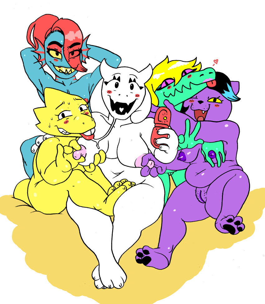 &lt;3 2018 3_toes 4_fingers alphys anthro bedroom_eyes blonde_hair blue_skin bratty_(undertale) breast_grab breasts buckteeth caprine cat catty_(undertale) cellphone crocodilian cruelpastry drooling fangs feline female female/female fish fur goat green_skin grin group hair half-closed_eyes hand_on_breast hands_behind_head hi_res horn looking_at_viewer mammal marine mature_female navel nipple_grab nipples open_mouth paws phone playful pose purple_fur purple_sclera red_hair reptile saliva scalie seductive selfie simple_background slightly_chubby smile sweat teeth toes toriel traditional_media_(artwork) undertale undyne v_sign video_games white_fur yellow_sclera yellow_skin