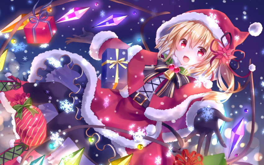 :d alternate_costume bell belt belt_buckle black_gloves black_legwear blonde_hair blush boots bow bowtie box buckle capelet christmas cross-laced_clothes cross-laced_footwear crystal dutch_angle eyebrows_visible_through_hair fang feeding flandre_scarlet flower fur-trimmed_capelet fur-trimmed_hood fur-trimmed_skirt fur-trimmed_sleeves fur_trim gift gift_box gloves hair_flower hair_ornament hat highres holly hood hood_up hooded_capelet knee_boots kure~pu lace-up_boots long_sleeves looking_at_viewer medium_hair night night_sky one_side_up open_mouth outstretched_arms pantyhose poinsettia pom_pom_(clothes) red_eyes red_skirt santa_costume santa_hat skirt sky smile snowflakes snowing solo spread_arms striped striped_bow touhou wings