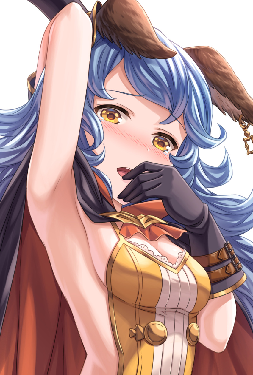 animal_ears arm_up armpits black_gloves blue_hair breasts cape cleavage commentary_request earrings eyebrows_visible_through_hair ferry_(granblue_fantasy) gloves granblue_fantasy highres jewelry long_hair looking_at_viewer medium_breasts open_mouth sideboob simple_background solo tears tomo_(user_hes4085) white_background yellow_eyes