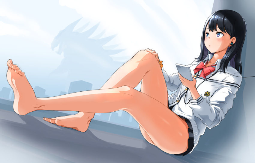 bare_legs barefoot black_hair black_skirt bow cardigan collared_shirt commentary_request earbuds earphones expressionless feet kaijuu long_hair long_sleeves microskirt miniskirt off_shoulder orange_scrunchie pleated_skirt purple_eyes red_bow school_uniform scrunchie shirt sitting skirt soles solo ssss.gridman sweater takarada_rikka toes white_cardigan white_shirt white_sweater wrist_scrunchie zaxwu