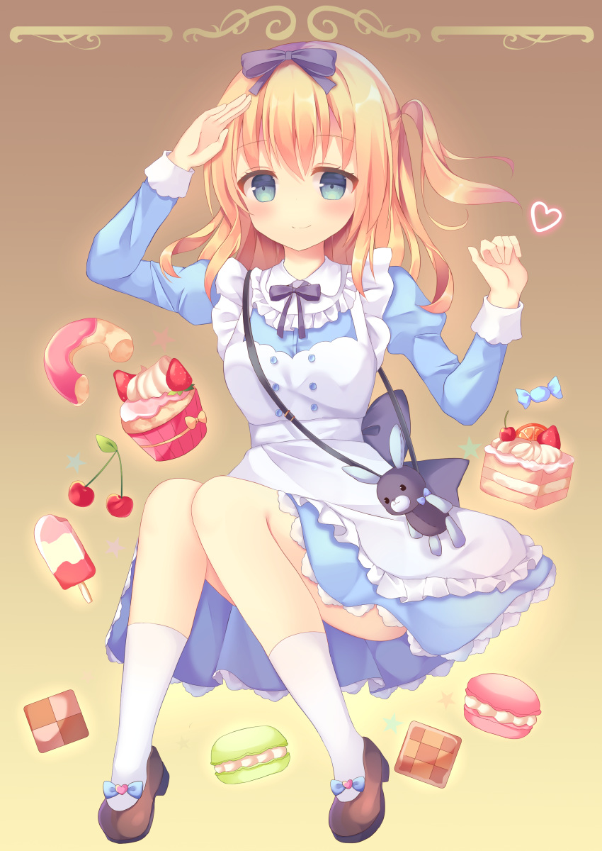 absurdres animal_bag apron arm_up bag bangs blonde_hair blue_bow blue_dress blue_eyes blush bow brown_background brown_footwear cake checkerboard_cookie cherry closed_mouth commentary_request cookie cupcake doughnut dress eyebrows_visible_through_hair food frilled_apron frills fruit hair_between_eyes hair_bow heart highres long_hair looking_at_viewer macaron one_side_up original popsicle purple_bow salute shoes shoulder_bag simple_background slice_of_cake smile socks solo tsuruse white_apron white_legwear
