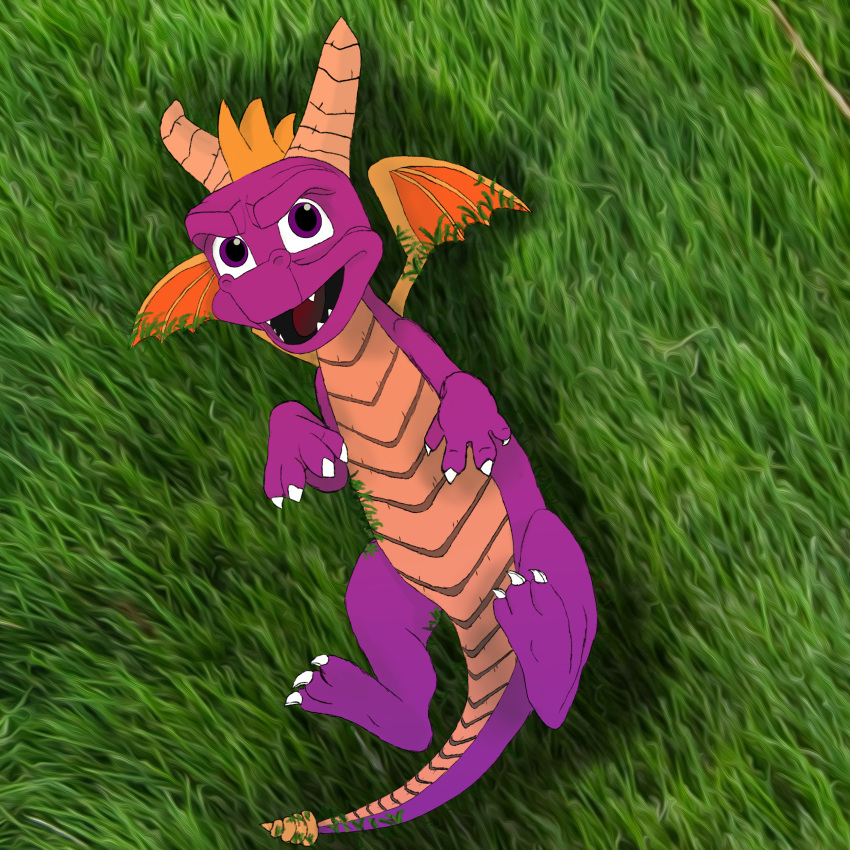 claws digital_media_(artwork) dragon feral grass horn invalid_color invalid_tag looking_at_viewer lying male on_back open_mouth playstation smile spyro spyro_the_dragon teeth tongue video_games wings