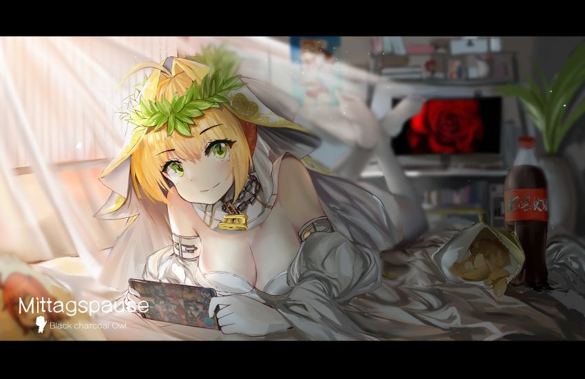 3girls absurdres blonde_hair bridal_veil chain chips edmond_dantes_(fate/grand_order) english fate/grand_order fate_(series) food fujimaru_ritsuka_(female) fujimaru_ritsuka_(male) german green_eyes hair_intakes head_wreath highres jeanne_d'arc_(alter)_(fate) jeanne_d'arc_(fate)_(all) lock looking_at_viewer lying monitor multiple_boys multiple_girls nero_claudius_(bride)_(fate) nero_claudius_(fate)_(all) padlock phone_screen playing_games potato_chips shuming smile soda_bottle thighhighs thighs translated veil waver_velvet white_legwear