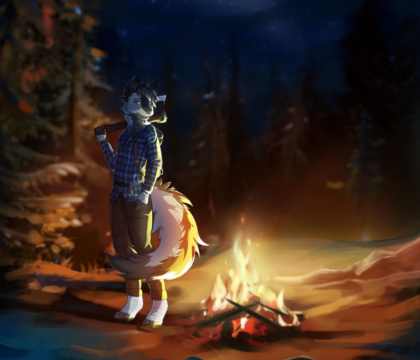 2018 anthro axe black_fur campfire canine clothed clothing detailed_background digital_media_(artwork) fire forest fur hazelmere hi_res holding_object looking_at_viewer male mammal melee_weapon outside smile solo tree weapon white_fur wolf