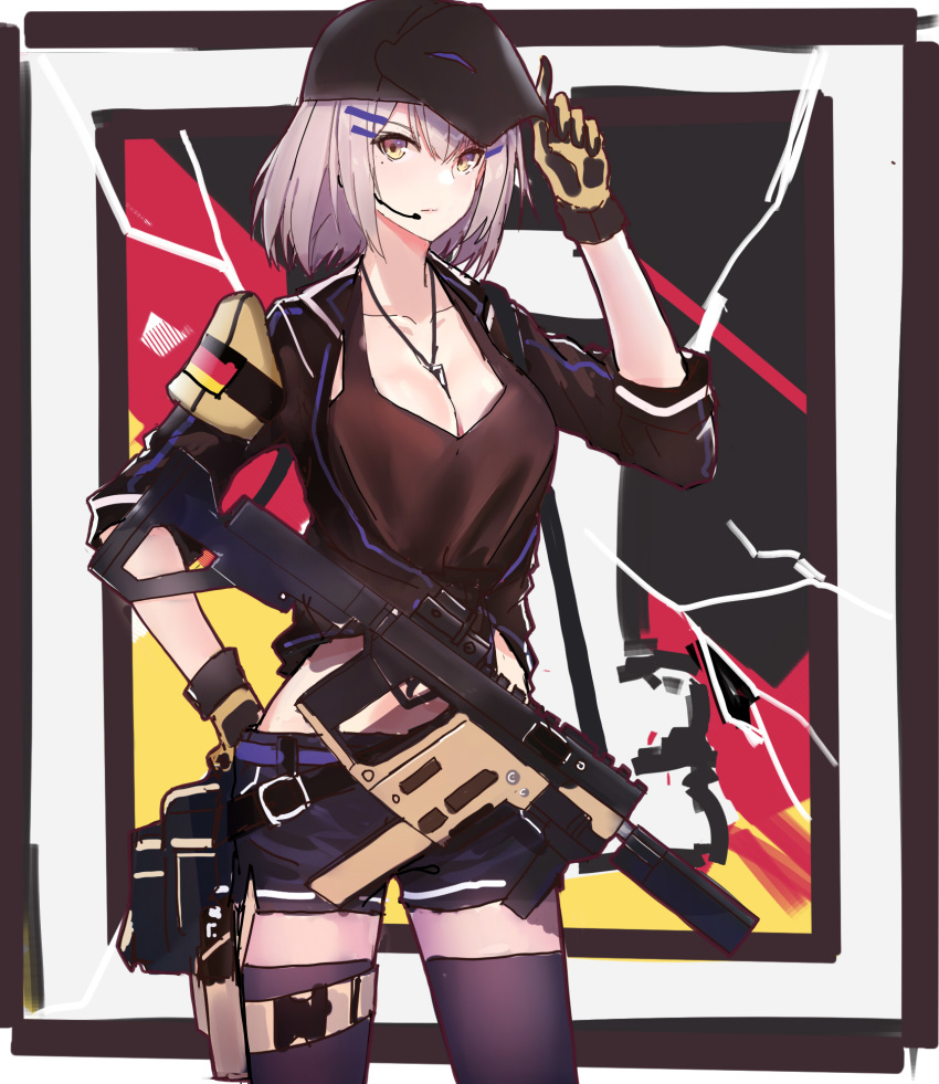 breasts cleavage commentary dog_tags earpiece echj german_flag girls_frontline gloves gun hair_ornament hairclip highres holster jacket kriss_vector mask mask_on_head open_clothes open_jacket shorts solo submachine_gun tank_top thighhighs vector_(girls_frontline) weapon