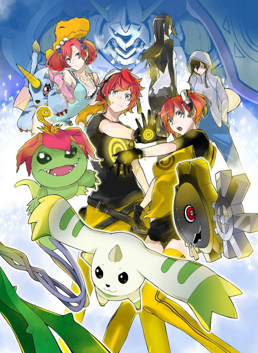 2boys 3girls agumon aiba_ami aiba_takumi ass backpack bag black_bra black_dress black_gloves black_hair black_legwear black_shirt black_skirt blue_dress blue_eyes bra breasts butt_crack claws cleavage creature digimon digimon_story:_cyber_sleuth dress fanny_pack female flower flower_on_head fur_trim gabumon gears gloves glowing glowing_eye goggles goggles_on_head grey_jacket hagurumon hair_ornament hair_scrunchie hood hoodie horns jacket jewelry jumping kamishiro_yuuko lace lace-trimmed_bra long_hair lying metal multiple_boys multiple_girls necklace official_art omegamon on_back on_head open_mouth palmon pants pantyhose pink_jacket plant polka_dot poster print_dress print_gloves print_jacket print_legwear print_shirt raglan_sleeves red_eyes red_hair sanada_arata scrunchie shiramine_nokia shirt side_ponytail sidelocks single_glove skirt small_breasts smile teeth terriermon thighhighs tongue twintails underwear yasuda_suzuhito yellow_legwear yellow_pants yellow_shirt