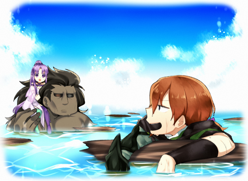 2boys berserker black_hair blue_eyes blue_hair brown_hair cape carrying caster_lily dress facial_hair fate/grand_order fate_(series) floating goatee hector_(fate/grand_order) long_hair messy_hair multiple_boys ocean pointy_ears ponytail purple_hair smile ssk_mgm very_long_hair