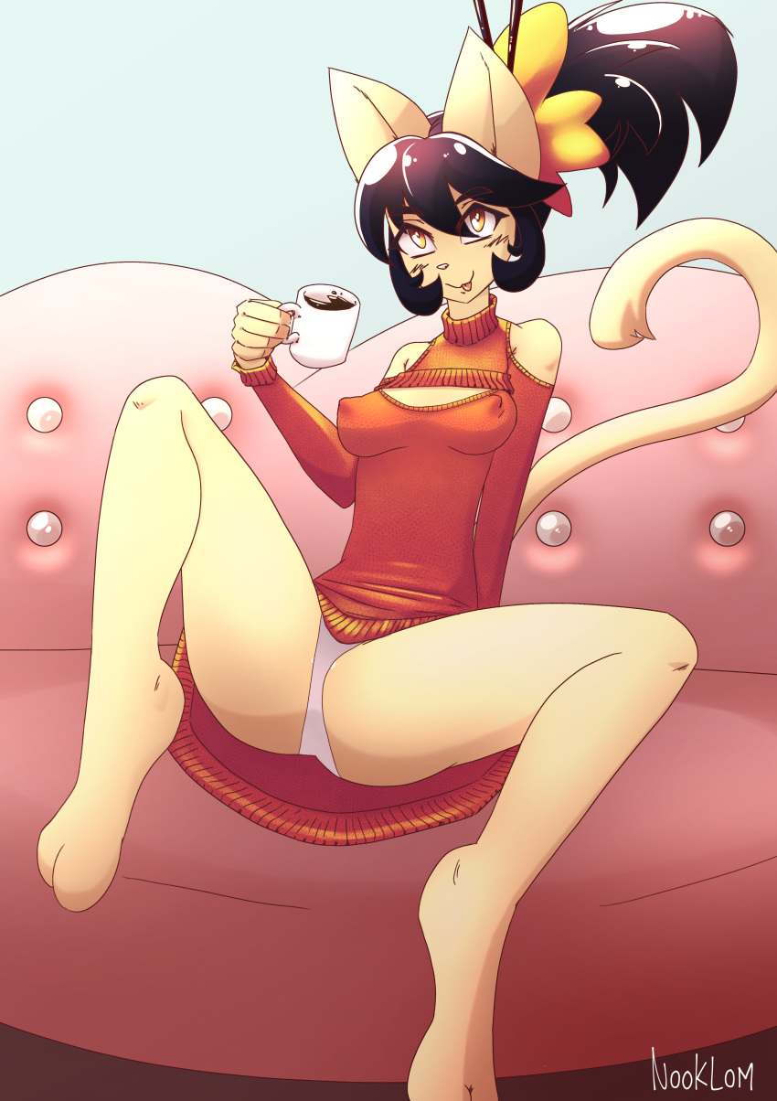 2_toes 5_fingers anthro beverage blush breasts butt cat clothed clothing clothing_lift digital_media_(artwork) erect_nipples feline female leaning leaning_back looking_at_viewer mammal nipple_bulge nipples nook-lom panties ponytail shirt signature small_breasts solo spread_legs spreading sweater tea toes underwear