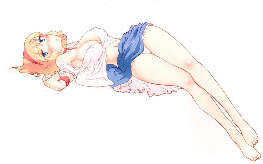 alice_margatroid armpits bare_legs barefoot blonde_hair blue_eyes blue_skirt blush breasts commentary_request covered_nipples frilled_skirt frills large_breasts legs lolita_fashion looking_at_viewer navel neck_ribbon non_(z-art) panties parted_lips puffy_short_sleeves puffy_sleeves ribbon shirt_pull short_sleeves simple_background skirt solo thighs touhou unbuttoned unbuttoned_shirt underwear upskirt white_background white_panties