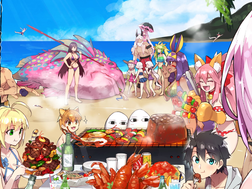 :3 :t ahoge animal_ear_fluff animal_ears artoria_pendragon_(all) artoria_pendragon_(swimsuit_archer) asterios_(fate/grand_order) bikini blonde_hair blue_eyes bottle breasts cat_paws character_request cleavage commentary_request drinking_straw eating euryale fang fate/grand_order fate_(series) fish food fork fox_ears fujimaru_ritsuka_(male) gae_bolg gloves green_hair hand_on_hip hat highres jack_the_ripper_(fate/apocrypha) jaguarman_(fate/grand_order) large_breasts lobster long_hair mash_kyrielight meat medium_breasts medjed multicolored_hair multiple_girls nitocris_(fate/grand_order) nitocris_(swimsuit_assassin)_(fate) nursery_rhyme_(fate/extra) ocean parasol paw_gloves paws pink_hair plate profile purple_bikini purple_hair redrop scathach_(fate)_(all) scathach_(swimsuit_assassin)_(fate) skewer sparkle sun_hat swimsuit tamamo_(fate)_(all) tamamo_cat_(fate) twintails umbrella very_long_hair wine_bottle