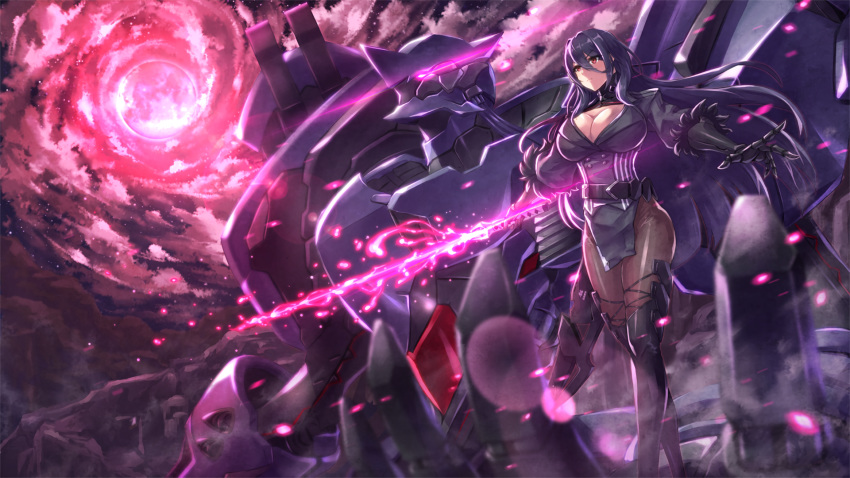 black_hair boots breasts cleavage clouds dress elbow_gloves gloves iron_saga katana long_hair magic mecha moon night oboro_(iron_saga) pantyhose red_eyes shingo_(picturepuzzle) sky sword waifu2x weapon