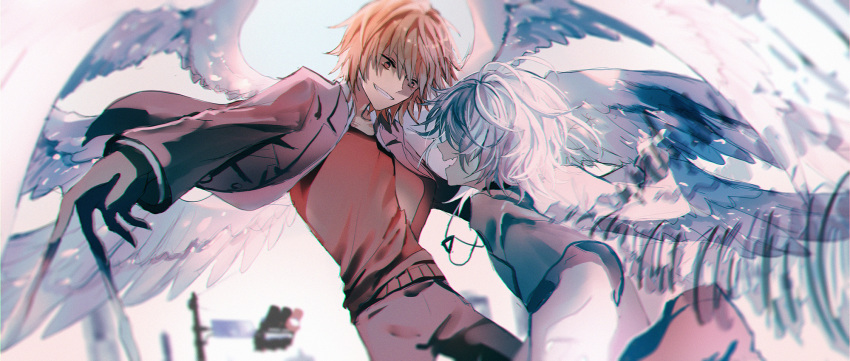 accelerator brown_eyes brown_hair choker feathered_wings highres kakine_teitoku long_sleeves looking_at_another male_focus multiple_boys multiple_wings open_mouth smirk to_aru_majutsu_no_index traffic_light white_hair wings yasato